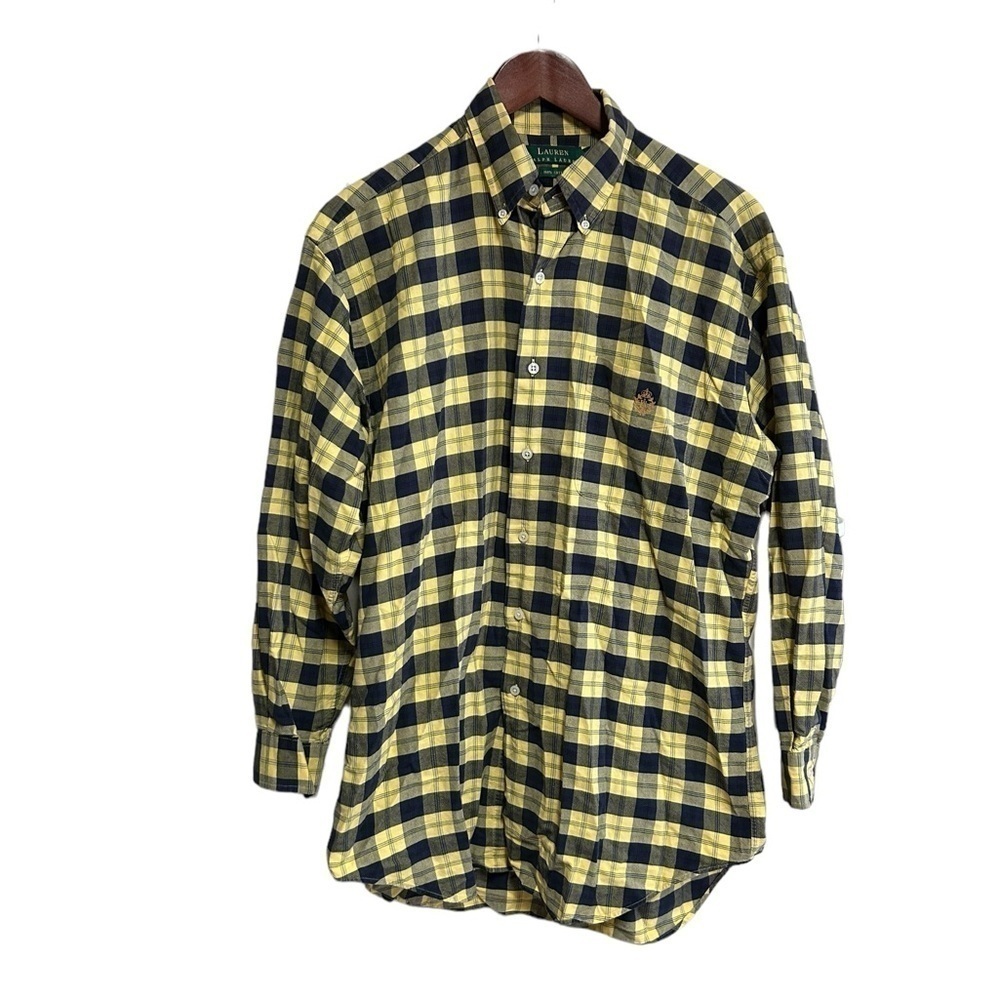 Lauren Ralph Button Down Shirt Men’s Size Medium Black Yellow Plaid Long Sleeve